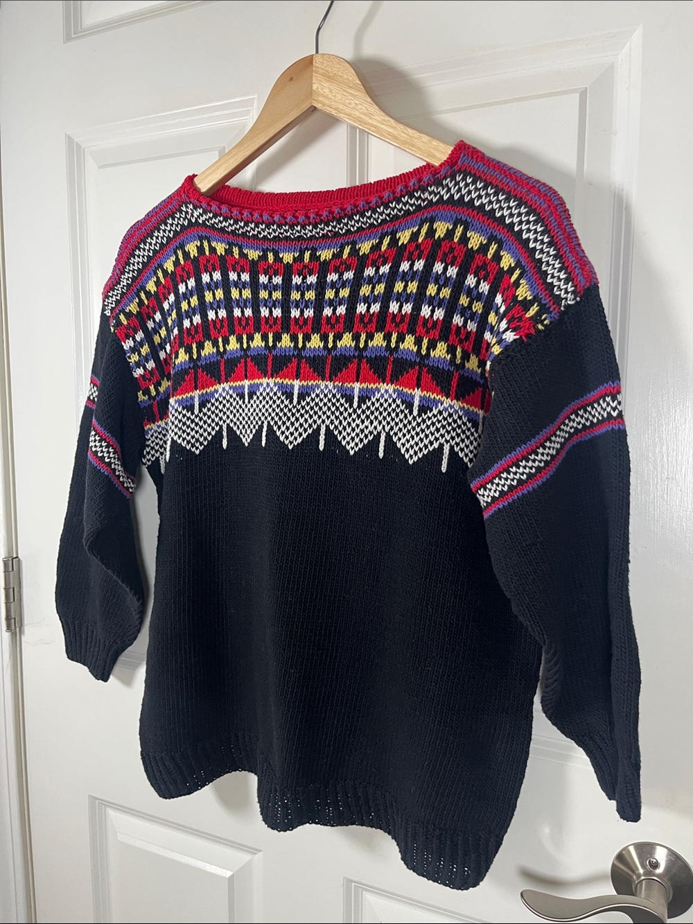 Handmade knit geo print lightweight colorful sweater, 3/4 sleeve boatneck med